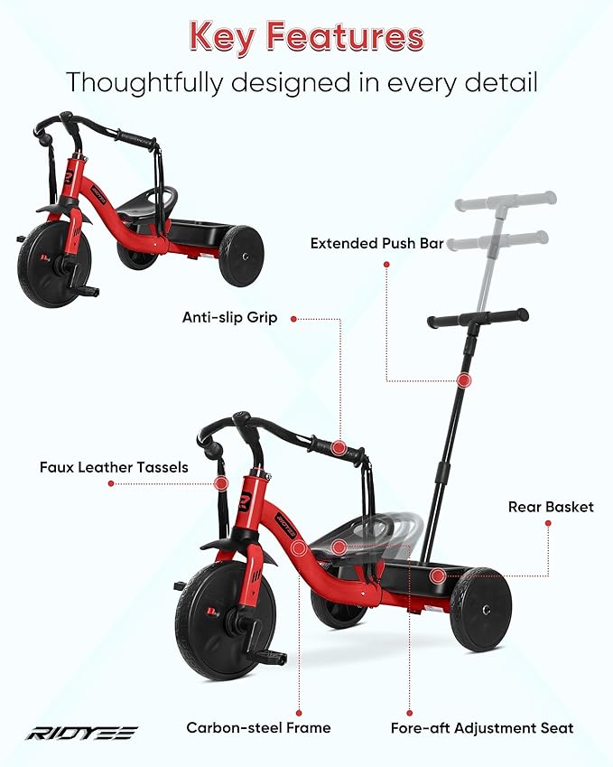 2-in-1 Tricycle for Toddlers Ages 1.5–3, Trike with Extended Push Handle, Removable Wagon-Style Basket, Adjustable Handlebar with Tassels, and Fore-AFT Adjustable Seat, Red