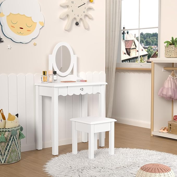 HLR Kids Vanity, Girls Vanity Set with Mirror and Stool, Wooden 2 in 1 Princess Makeup Desk Dressing Table with Detachable Top, Toddler Vanity Dresser Set with Drawer for Little Girls, White
