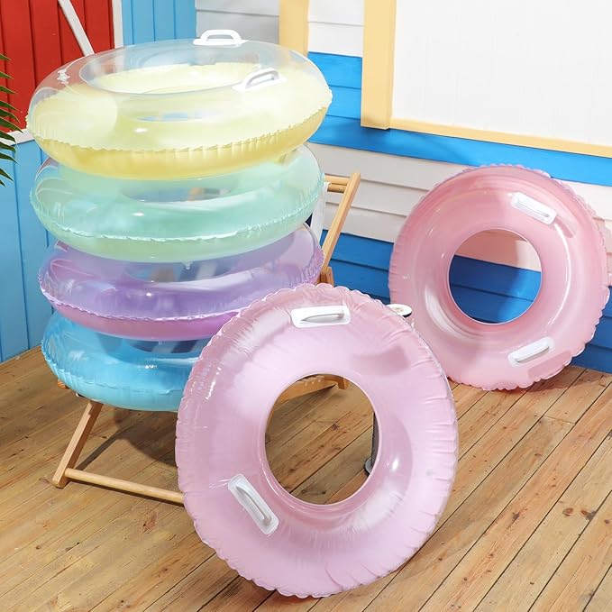 ShinyRelief 6 Pack 33'' Inflatable Pool Floats with Handle for Kids Adults Macaron Tube Rings Handle Tubes Bulk, Pool Floaties Toys Beach Summer Swimming Party Toys