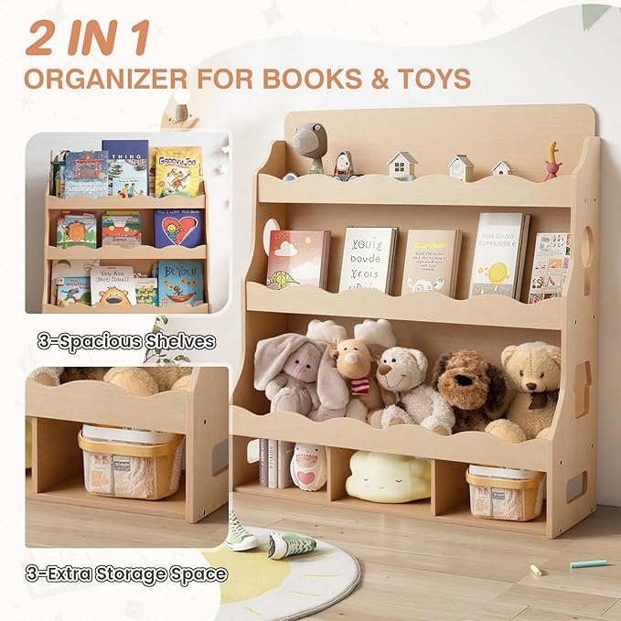 4-Tier Kids Book Shelf, Wooden Toddler Bookshelf with Toy Organizer, Montessori Nursery Bookcase for Boys Girls Bedrooms Playroom Classroom