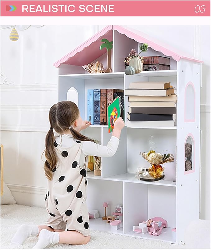 4-Tier Wooden Kids Bookcase, Toy Storage Organizer with Dollhouse Design, Multi-Functional Bookshelf with 4 Shelves for Bedroom Playroom, Easy Assembly for Boys & Girls
