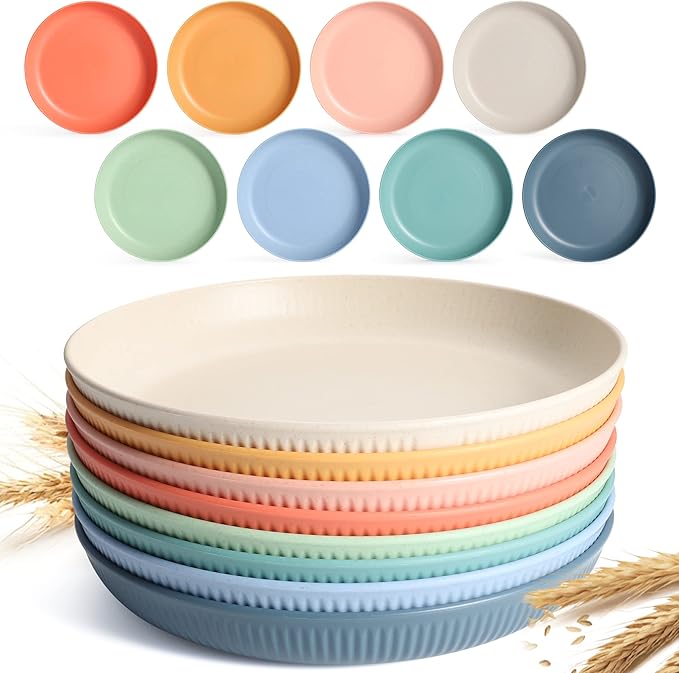 8 PACK 9 Inches Lightweight Wheat Straw Plates,Wheat Straw Fiber Lightweight Unbreakable Dinner Plates, Microwave and Dishwasher Safe, Plates Easy to Clean & Reusable