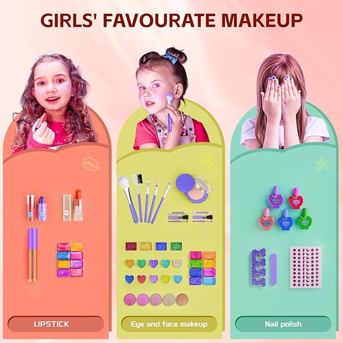 Kids Makeup Sets for Girls - Washable Makeup Toys with Mirror, Real Dressing Table with Stand Princess Pretend Makeup Sets for Ages 3 4 5 6 7 8-12 Year Old Girls Birthday & Christmas