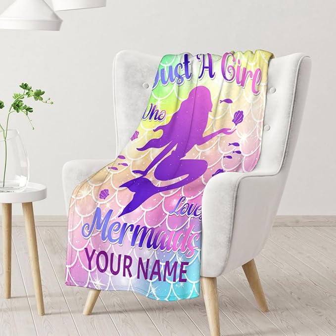 Personalized Mermaid Blanket with Name - Soft, Fuzzy & Warm - 60"x80" Twin Size Blanket for Bed, Couch & Living Room - Colorful Cute Throw Gifts for Girls