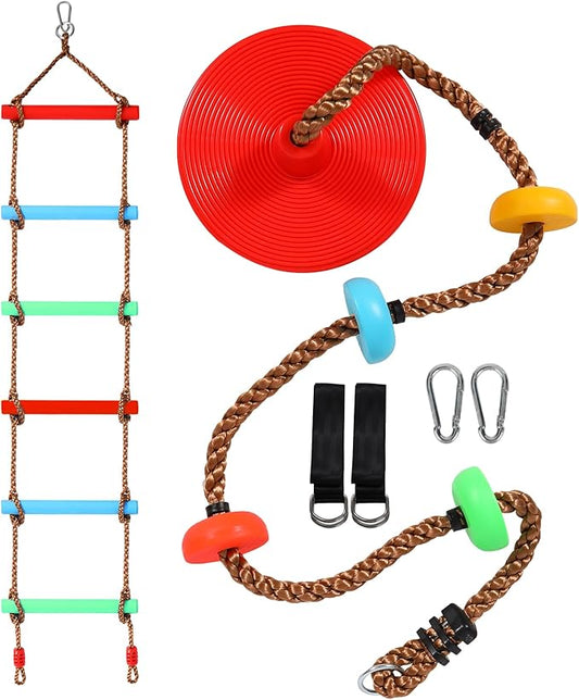 REDCAMP Climbing Rope Swings and Rope Ladder Cambo for Trees, Heavy Duty Plastic Disc Swing Seat for Kids with Hanging Strap and Snap Hooks