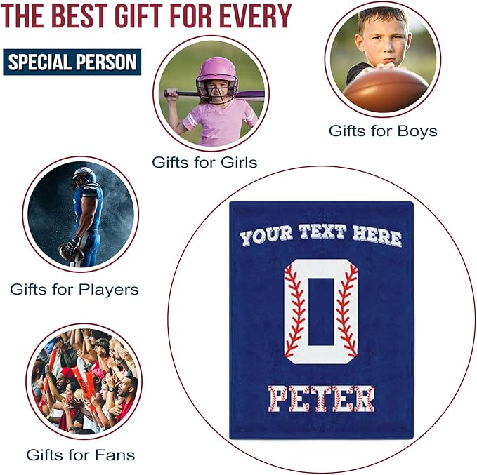 Personalized Baseball Blankets with Name Numbers, Custom Baseball Team Game Throw Flannel Blankets Stuff Gifts for Boys Sports Lover Fans Kids Adult