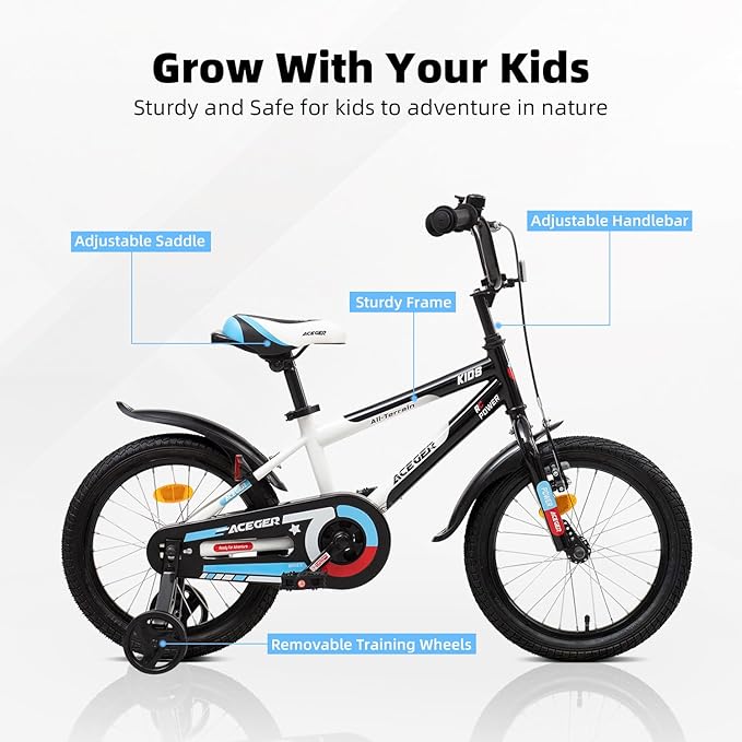 ACEGER Simon Kids Bike for Boys Girls Toddlers, Unisex for Aged 3-13 Years, 12 14 16 18 Inch Children Bicycle with Training Wheels, 20 Inch Bike with Kickstand