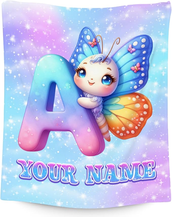 Butterfly Gifts - Personalized Girls Blanket with Name for Kids - Custom Monogram Throws for Daughter - Soft Flannel Throw Blankets - 4 Sizes for Toddler/Children/Teens/Adults