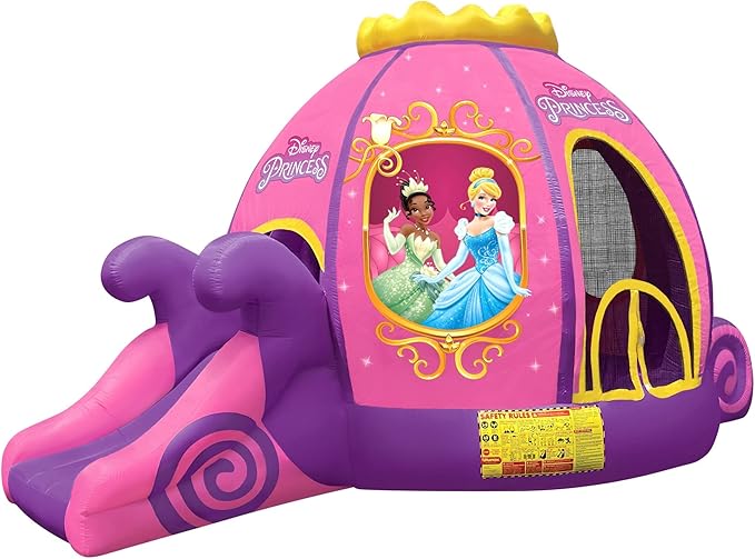 Funormous Disney Princess Carriage Inflatable Pink Bounce House with Slide and Ball Pit, Indoor Outdoor Bouncy Castle with Air Blower Kids Ages 3-8