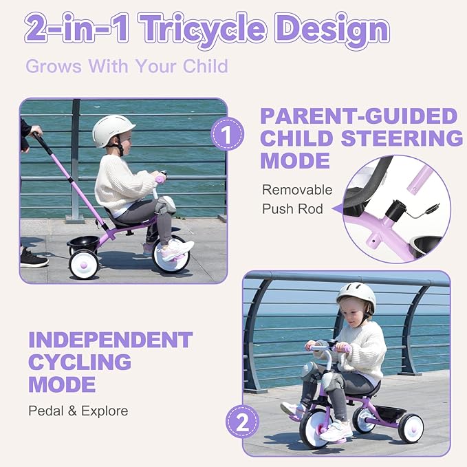 Liberry 2 in 1 Toddler Tricycle Age 2 3 4 Years Old, Kids Trike with Adjustable Push Handle, Bell & Basket, 3 Wheel Bike Riding Toy Birthday for Girls Boys, Purple