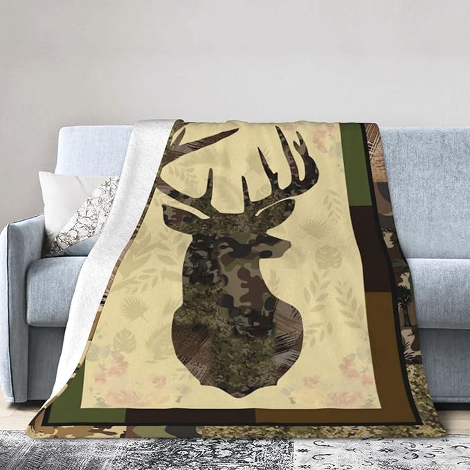 Deer Blanket Camo Hunting Throw Blanket Cozy Plush Dad Elk Fleece Flannel Ultra Soft Blankets Lightweight Fuzzy Warm Gifts for Adults Men 80"X60"