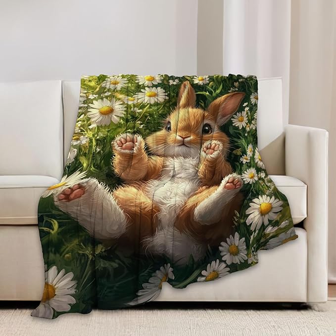 Cute Rabbit Blanket Bunny Hare Throw Blankets Daisy Gifts for Girls Boys Kids Rabbit Lover Soft Cozy Fleece Plush for Couch Sofa Bed 60"x50"