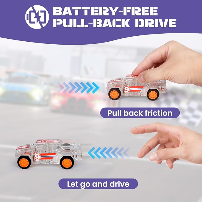 LED Light Up Pull Back Car Toys, Push and Go Trucks 2 Pack，Suitable for Toddlers 3 4 5 6 7 8 Year Old Kids for Boys and Girls Birthday Party Gift