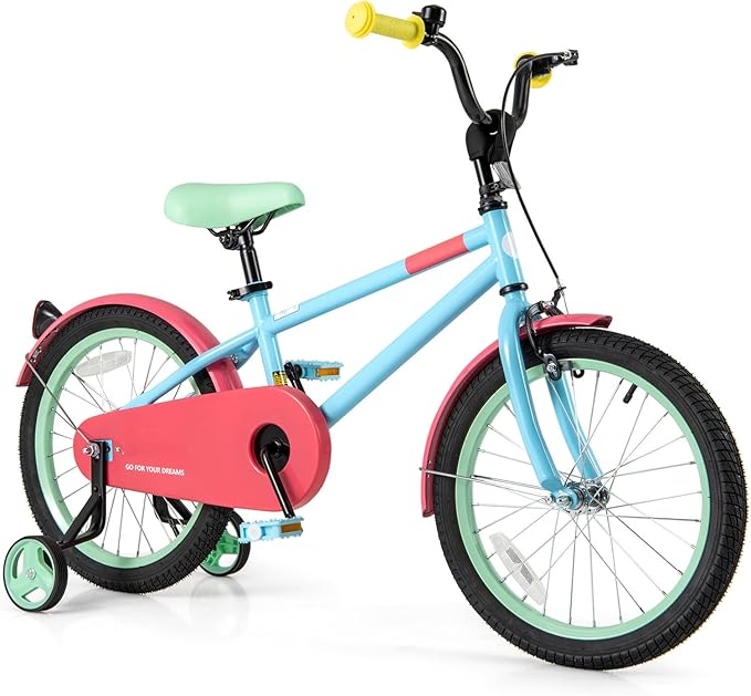 BABY JOY Colorful Macarons Kids Bike, 12 14 16 18 Inch Sporty Children's Bicycle with Training Wheels, Adjustable Handlebar & Saddle, Handbrake & Coaster Brake, Boys Girls Bike for 3-8 Years Old