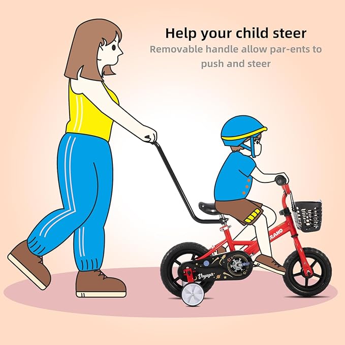 KEANO Voyager 10 12 Inch Kids Bike for Boys and Girls Ages 1-4 Years, Toddler Bike with Training Wheels & Basket, Detachable Parent Push Handle, Children Bicycle
