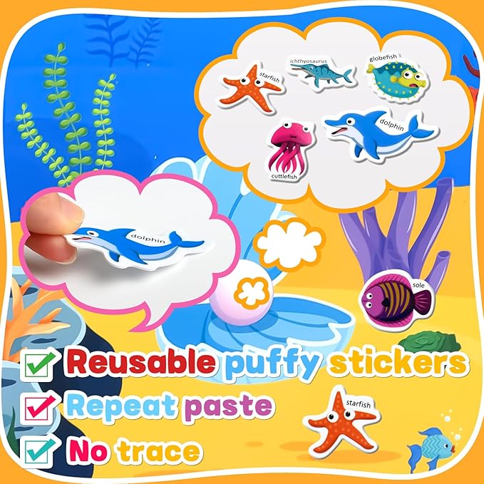 ASTARON 3 Pack Reusable 3D Puffy Sticker Book for Kids 3-6, Jelly Sticker Game Educational Sensory Learning Toy, Travel Toys and Busy Book(Animal Shade Handle)