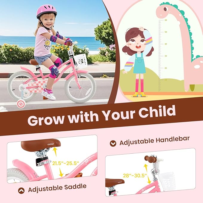 COSTWAY Kids Bike, 12 14 16 18 Inch Toddler Bike Children Bicycle w/Training Wheels, Hand & Coaster Brakes, Adjustable Saddle & Handlebar, Basket, Bell, Kids Bicycle for Girls Boys Aged 3-8 Years Old