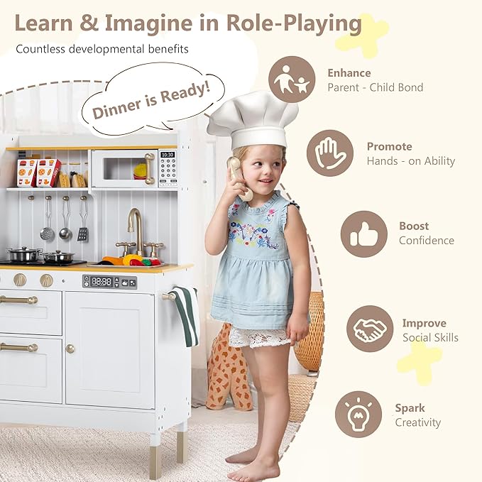 Kinder King Wooden Kids Play Kitchen, Kitchen Playset for Toddler Kid, Play Kitchen Toy Set w/Real Sounds, Pretend Microwave Oven, Ice Maker, Telephone, Gift for Boys Girls Age 3+, White