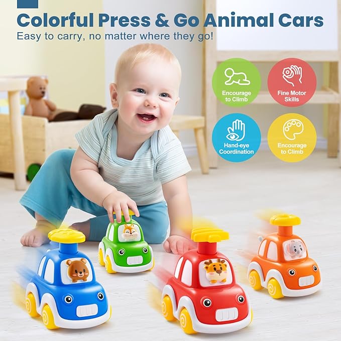 Press and Go Car Toys for Toddlers 1-3, 4 Pack Animal Baby Car Toys for 1 2 Year Old Boy, Push Go Friction Vehicle Toys for Infants 6-9-12-18 Months, One First Birthday Gifts for Boys Girls