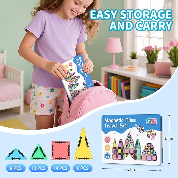 40PCS Mini Magnetic Tiles Travel Set, Portable STEM Building Blocks for Kids with Metal Storage Box, Montessori Sensory Toys for Classroom & Travel, Christmas Gift for Boys & Girls