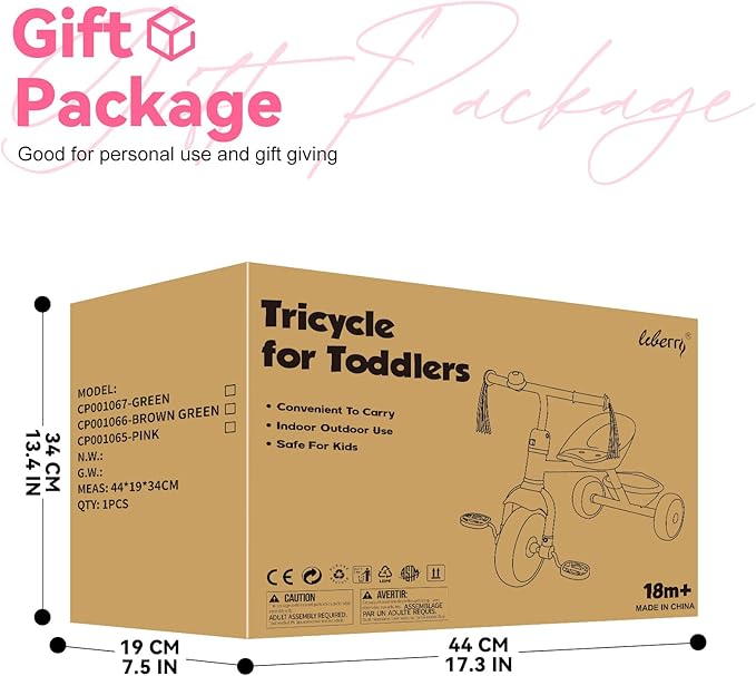 Liberry Toddler Tricycle Age 2 3 4 Years Old, Kids Trike with Bell, Back Basket and Removable Pedal, 3 Wheel Bike Birthday Toys Gift for Boys Girls, Pink