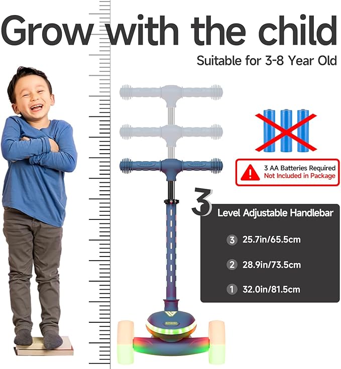 Winhope Kids Kick Scooter, 3 Wheel Scooter for Boy and Girl, LED Lighted Wheels and Widen Deck, Outdoor Ride-On Toys for Kids Aged 3-8