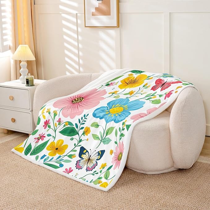 Colorful Botanical Floral Printed Plush Fleece Throw Blanket - Butterflies Dragonflies Bees Sherpa Animal Fuzzy Blanket for Sofa Couch Bed - 50x60 Inch