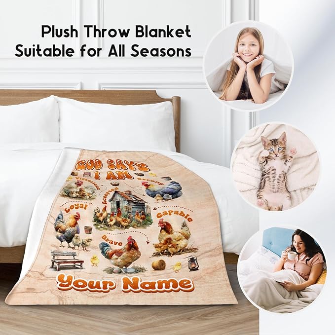 Custom Chicken Blanket with Name, Chicken Gifts for Women & Kids, Inspirational Fleece Throw Blanket, 50"x60"