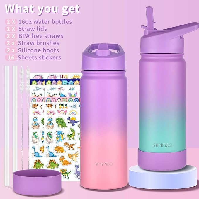 mininoo Kids Water Bottle for School, 16oz Stainless Steel Insulated Water Bottle Kids with Straw Lid for Girls, Boys (2 Pack)