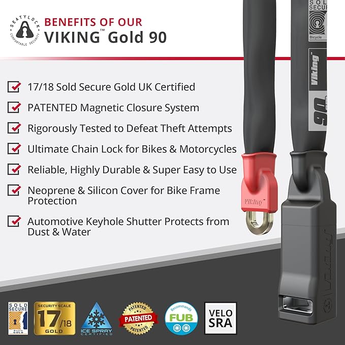 Seatylock Viking Bike Chain Lock with Key - Magnetic Patented Sold Secure Gold Rated - Heavy Duty Anti Theft - Smart Ultra Security Bicycle Lock (35.4 Inch)
