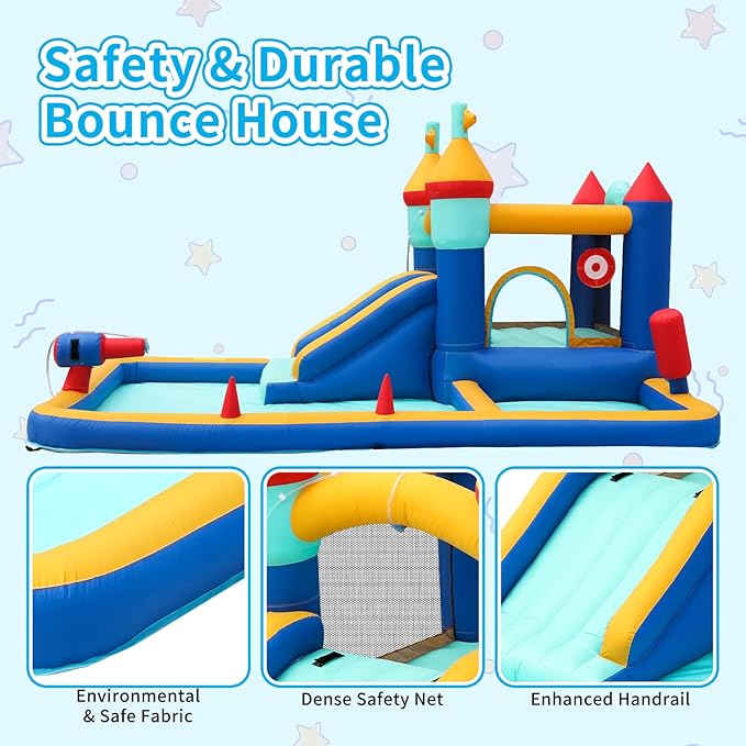 TABU Bounce House with Slide, Inflatable Castle with Splash Pool Water Cannons, Outdoor/Indoor Bouncy House with Air Blower, Ball Pit, for Kids Aged 3-12(177.2x124x88.6in)