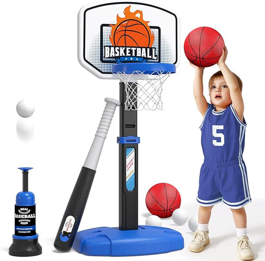 2 in 1 Toddler Basketball Hoop and T Ball Set with Automatic Pitching Machine - Adjustable Height, Kids Basketball Hoop Suit for Indoor/Outdoor, Sport Toys Gifts for Boys Age 3-5, Black