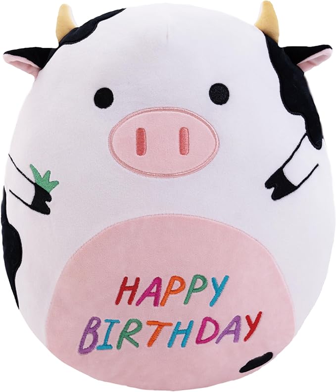 14.5" Birthday Cow Plush Pillow Black Cow Stuffed Animal Cute Soft Body Pillow Happy Birthday Decoration Gifts for Kids Girls and Boys