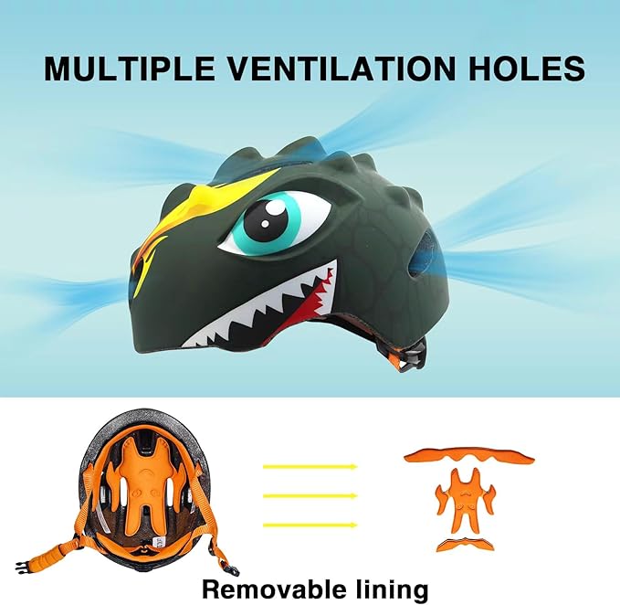 Toddler Helmet Kids Bike Helmet for 2 3 4 5 6 7 8 Years Old Girls with 3D Dinosaur Design Protective Gear Set and Safety Certified, Toddler Bike Cycling Skating Skateboard Scooter Helmet