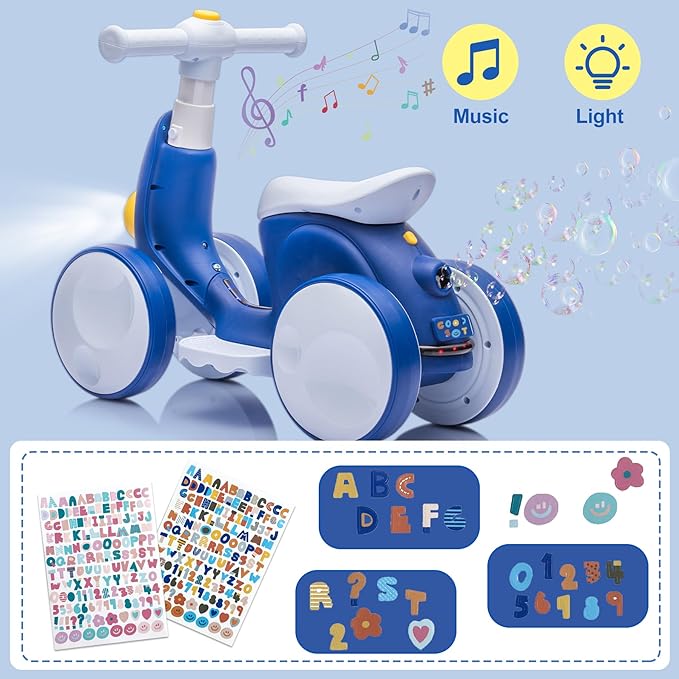 Electric Baby Balance Bike with Bubble Machine for 1 Year Old Boys Girls 4 in 1 Toddler Balance Bike 12-48 Month Kids Bubble Bike Ride Toys First Birthday Gift with Powered Motor,Music,LED Lights