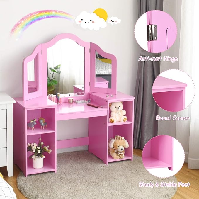 Costzon Kids Vanity, 2 in 1 Princess Makeup Desk Dressing Table with Detachable Top, Toddler Vanity with Tri-fold Mirror & Storage Shelves, Vanity Set for Little Girls, Pink