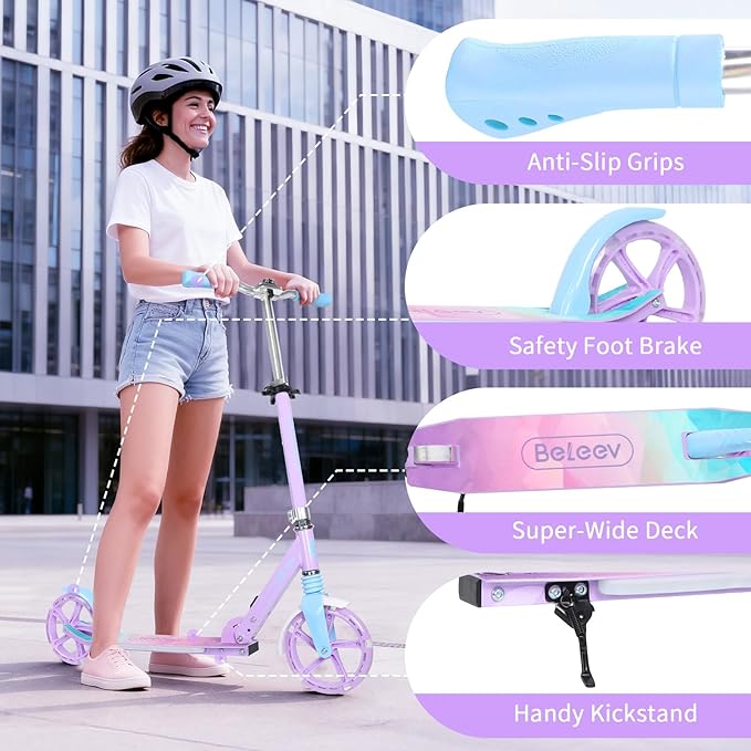 BELEEV V5 Plus Scooters for Kids Ages 6+, Teens with Light-Up Wheels & Deck, 2 Wheel Folding Lightweight Sport Scooter with 4 Adjustable Height, 8-inch Big Wheels, Carry Strap, Max Load 220 lbs
