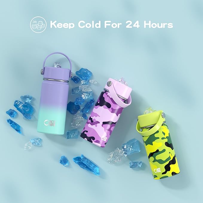 OISIZ Kids Water Bottle with Straw Lid 14oz, Vacuum Insulated 316 Stainless Steel Water Bottles for Kids for School, Leakproof Water Bottle, BPA Free and Keep Cold for 24 Hours