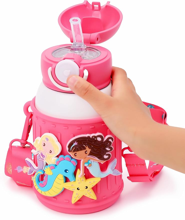 Kids Insulated Tumbler Set – 16 oz Stainless Steel Bottle with 2 Lids (Straw + Pour), Screw-On Cup, Adjustable Strap, Silicone Sleeve + 8 Charms – BPA-Free, Gift-Ready (Mermaid)