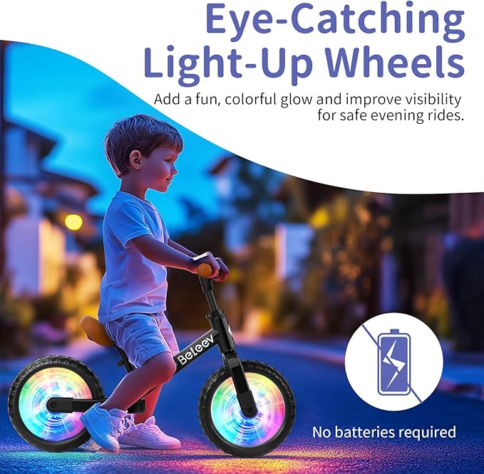 BELEEV C2 Toddler Balance Bike for 2-5 Year Olds with LED Light-Up Wheels, Adjustable Seat & Handlebar & Footrest, 12 inch No-Pedal Training Kids Push Bicycle - First Birthday Gift for Boys & Girls