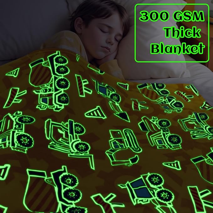 Excavator Blanket Construction Gifts for Kids Glow in The Dark Truck Blanket Soft Tractor Toys Throw Blankets Boys Car Theme Decor Blankets