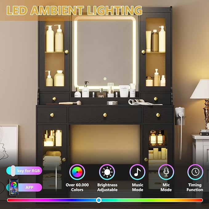 Vanity Desk with Mirror and Lights, Pink Makeup Vanity Table with 3 Modes & Adjustable Brightness, Glass Cabinets, Drawers, Outlet, Modern Dressing Table for Bedroom, Girls, Women, Teens