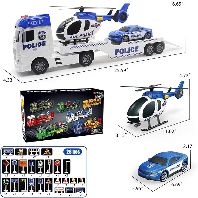 Large Police Car Toy for Kids Boys - 25'' Semi Truck Toy with Racing Car and Helicopter - Police Toys Birthday Gift for Kids Toddlers 3 4 5 6 Year Old, Play Vehicles with Light and Sound