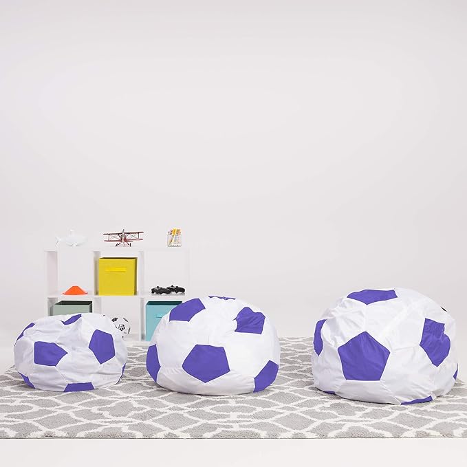 Posh Creations Kids Stuffed Animal Storage Bean Bag Chair Cover - Childrens Toy Organizer, Medium-27in, Sports Soccer Ball Purple and White
