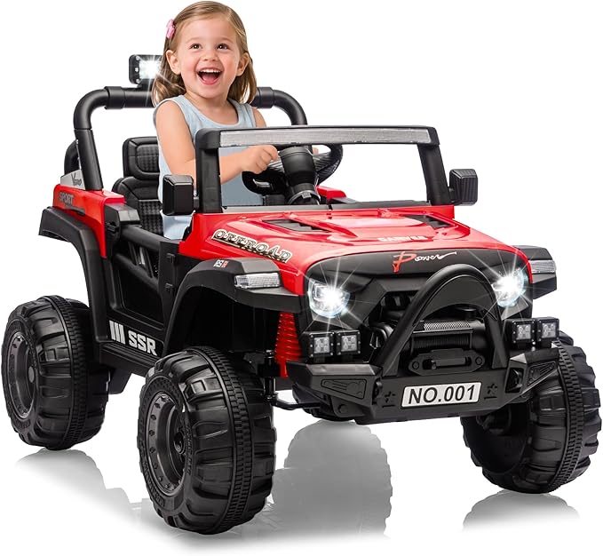 Kids Ride On Truck Car, 12V Ride On Toy Battery Powered Vehicles w/Parent Remote, Spring Suspension, Electric Car for Kids with Bluetooth Music, LED Light, Ideal Car Gift for Boys Girls, Red