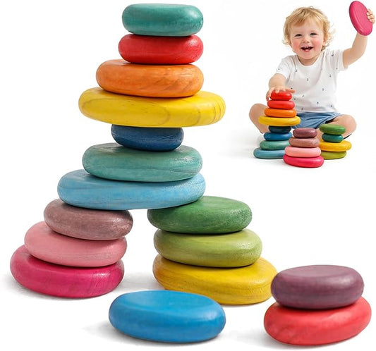 OESSUF Extra-Large Stacking Rocks for Toddlers 1-3, 16 PCS Wooden Montessori Toys, Safe Smooth Jumbo Balancing Stones for Open-Ended Sensory Play, STEM Building Blocks for Boys & Girls
