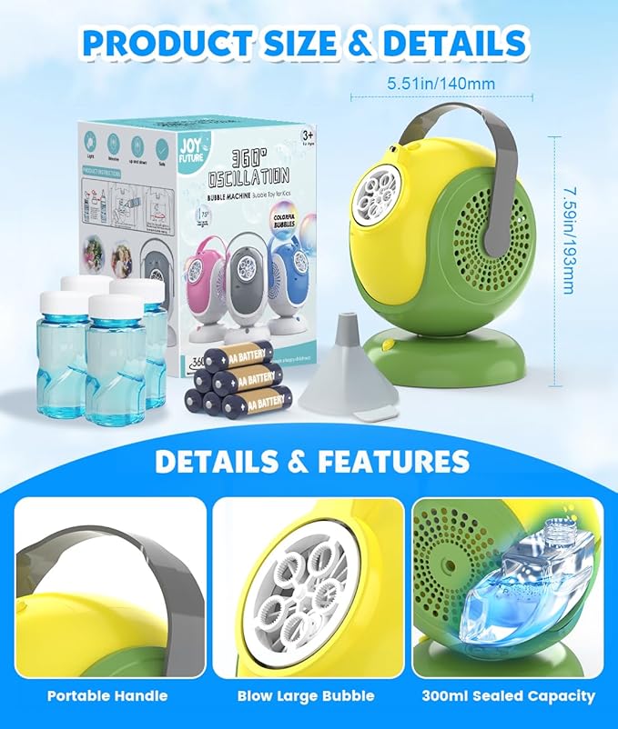 Bubble Machine, Automatic Bubbles Blower, 360° Rotation, 75° Adjustment, LED Light, with Handle - Bubble Toys for Kids, Toddlers - Gifts for Boys, Halloween, Outdoor, Birthday, Party Use