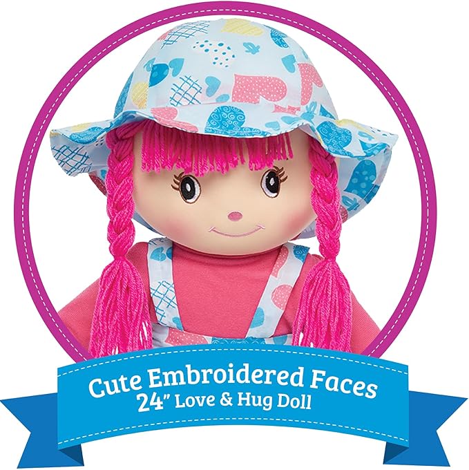 LOVE & HUG 24" Huggable Soft Doll with Blue & Pink Dress and Soft Yarn Hair