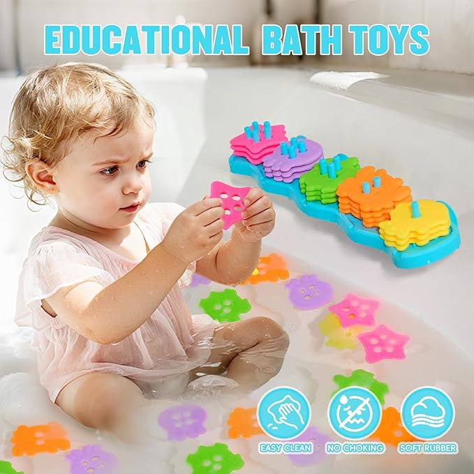 Baby Bath Toys for Kids Ages 1-3, Educational Toddler Bath Toys Mold Free Shape Sorter & Stacking with 20 Soft Rubber Floating Pieces, Sensory Bathtub Toys with Mesh Bag for Girls Boys