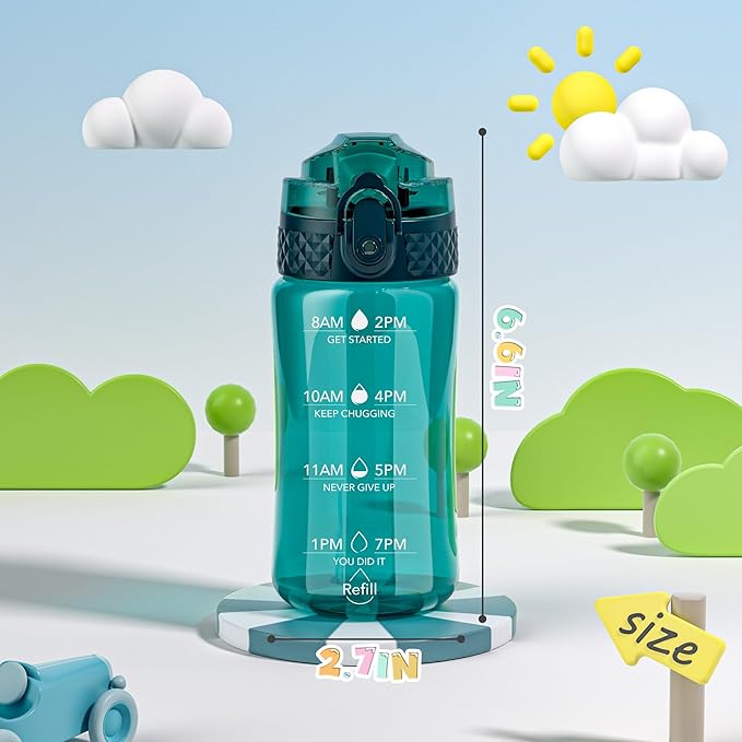 OLDLEY 12oz Kids Water Bottle for school Girls Boys, Motivational Water Bottles With Silicone Straw, Leak-Proof Tritan BPA-Free, Reusable water bottles for kids, Trout Green